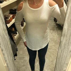 White waffle-knit cold shoulder tunic. Never worn